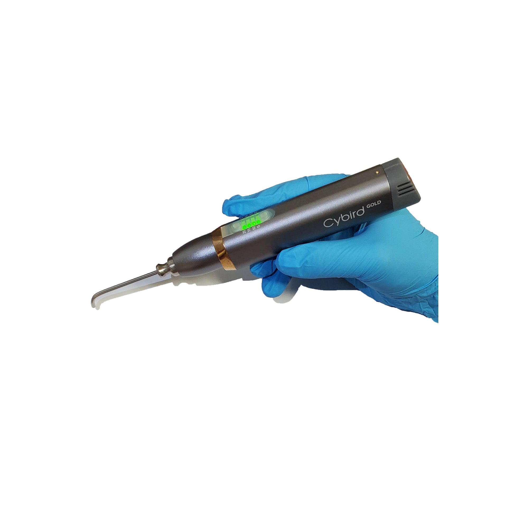 Transilluminating tip attached to Cybird gold.