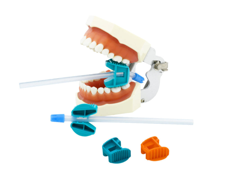 EZ bite block mouth prop with saliva injector tube inserted in.