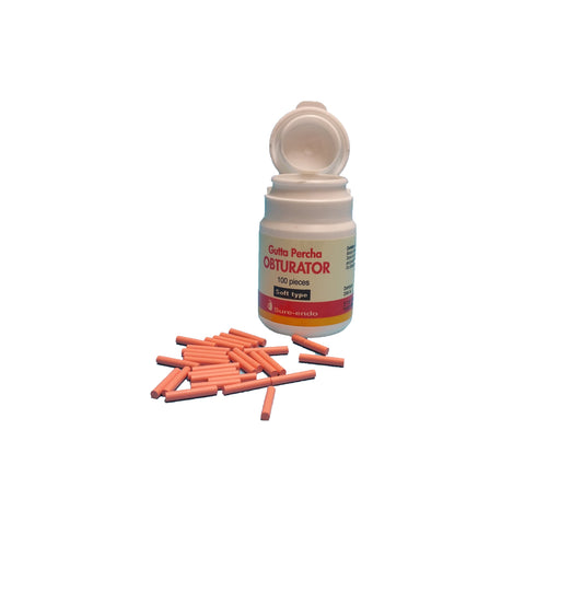 Gutta percha pellet bottle and pellets for obturator.